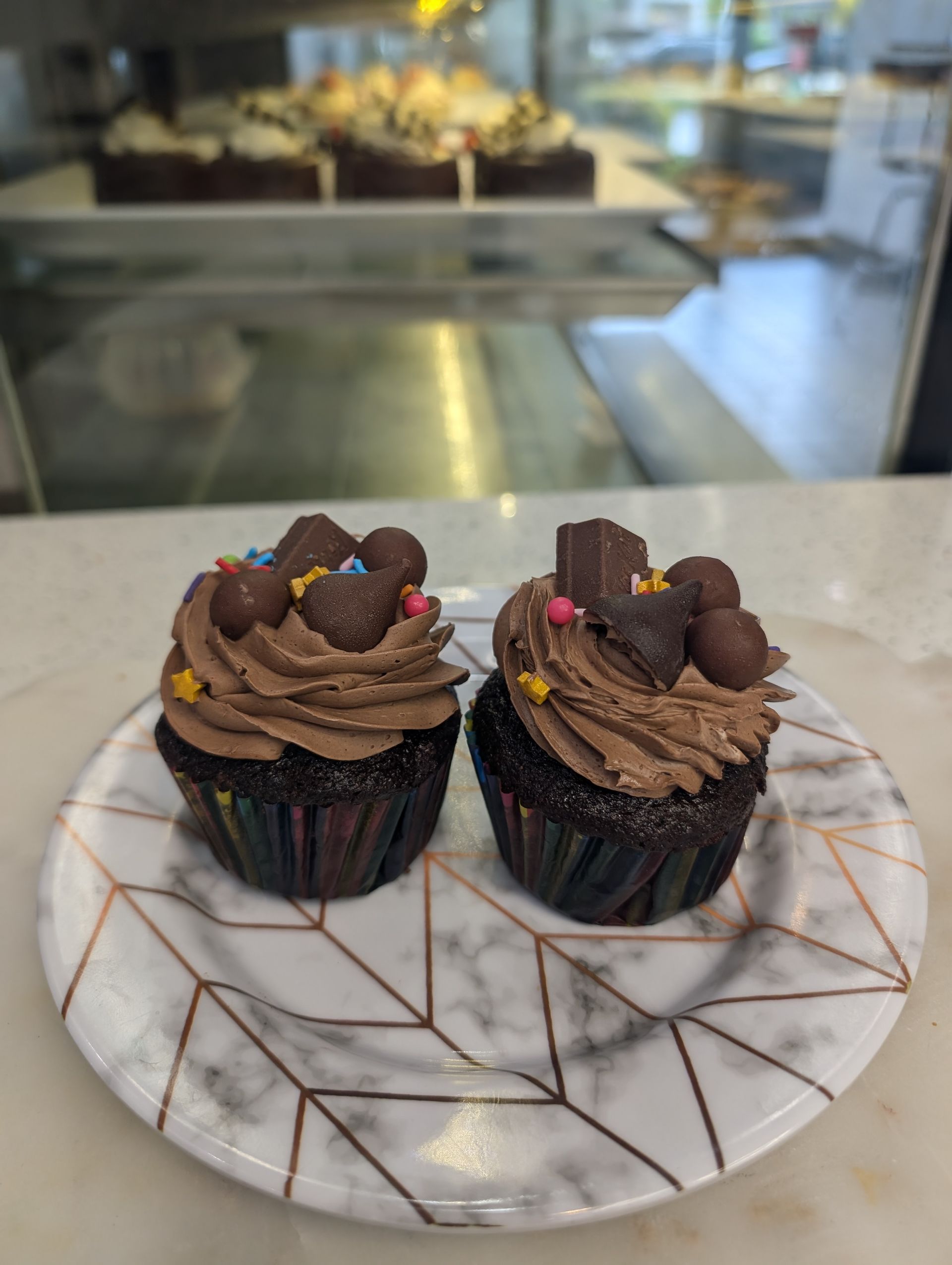 Two chocolate cupcakes with chocolate frosting and sprinkles on a plate.