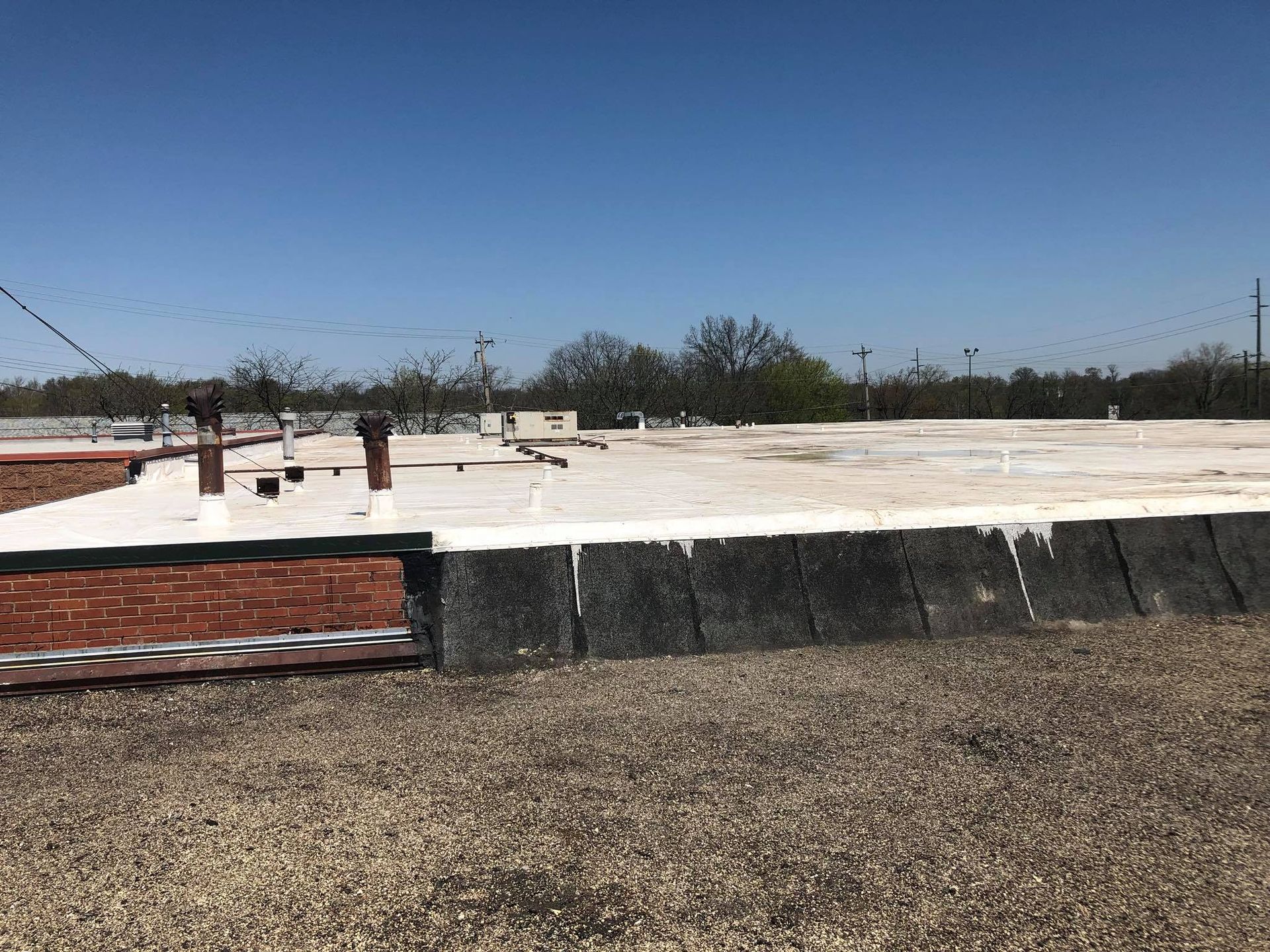 Flat white rooftop with dark, textured parapet walls, plumbing pipes, and a view of distant trees under a clear blue sky.