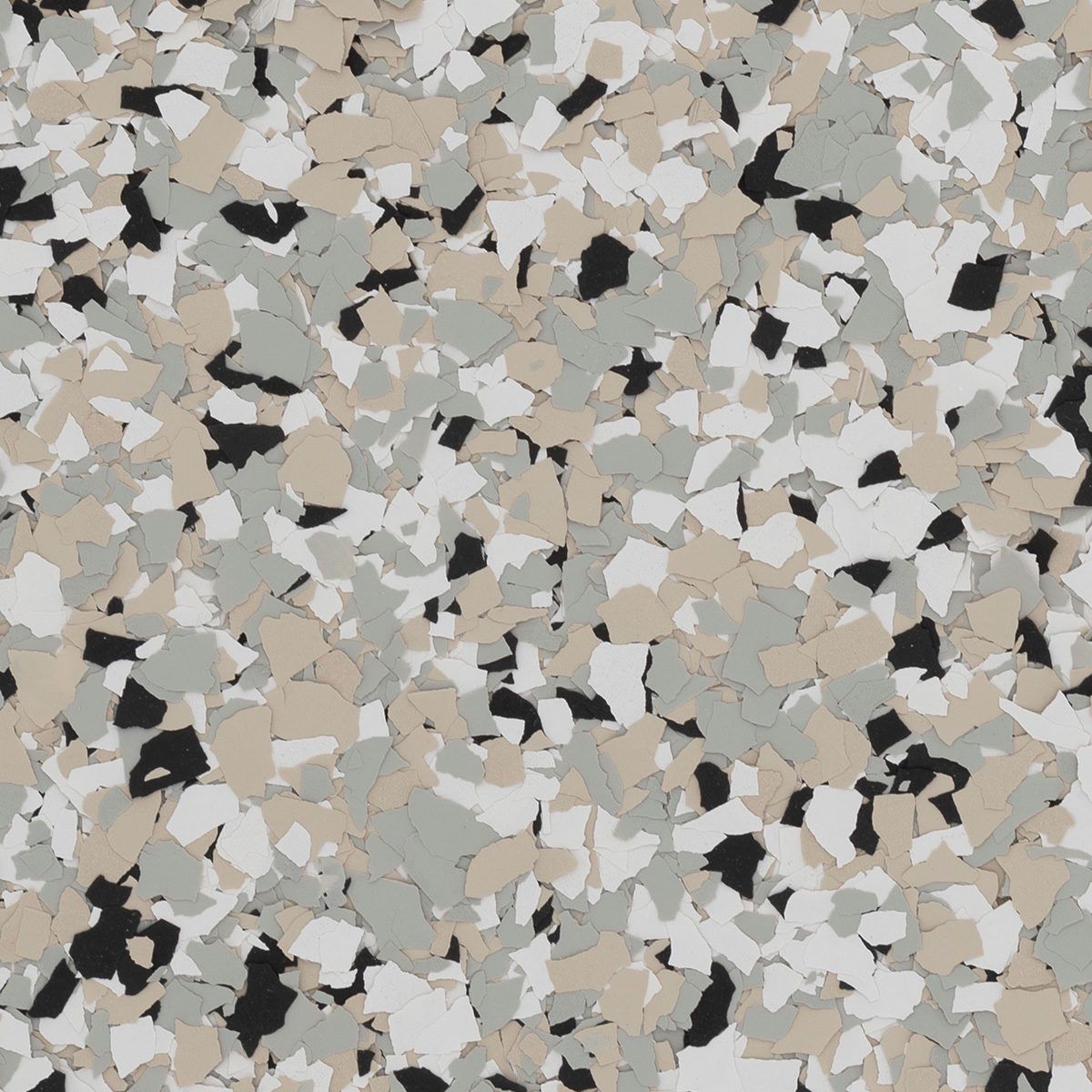 Speckled flooring in neutral tones: black, white, tan, and gray.