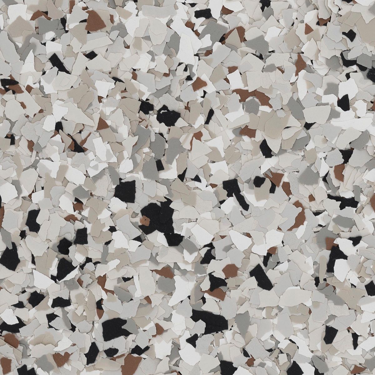 Speckled flooring with white, gray, brown, and black chips.
