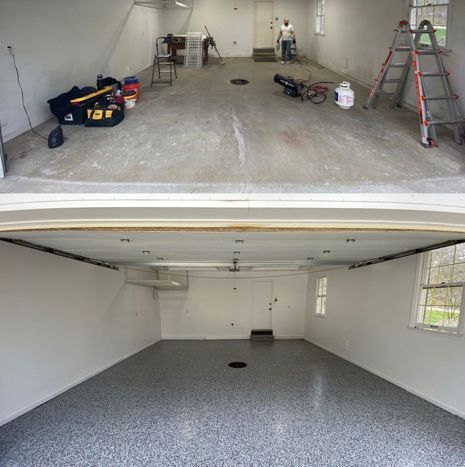 Garage before and after renovation with new gray epoxy floor.