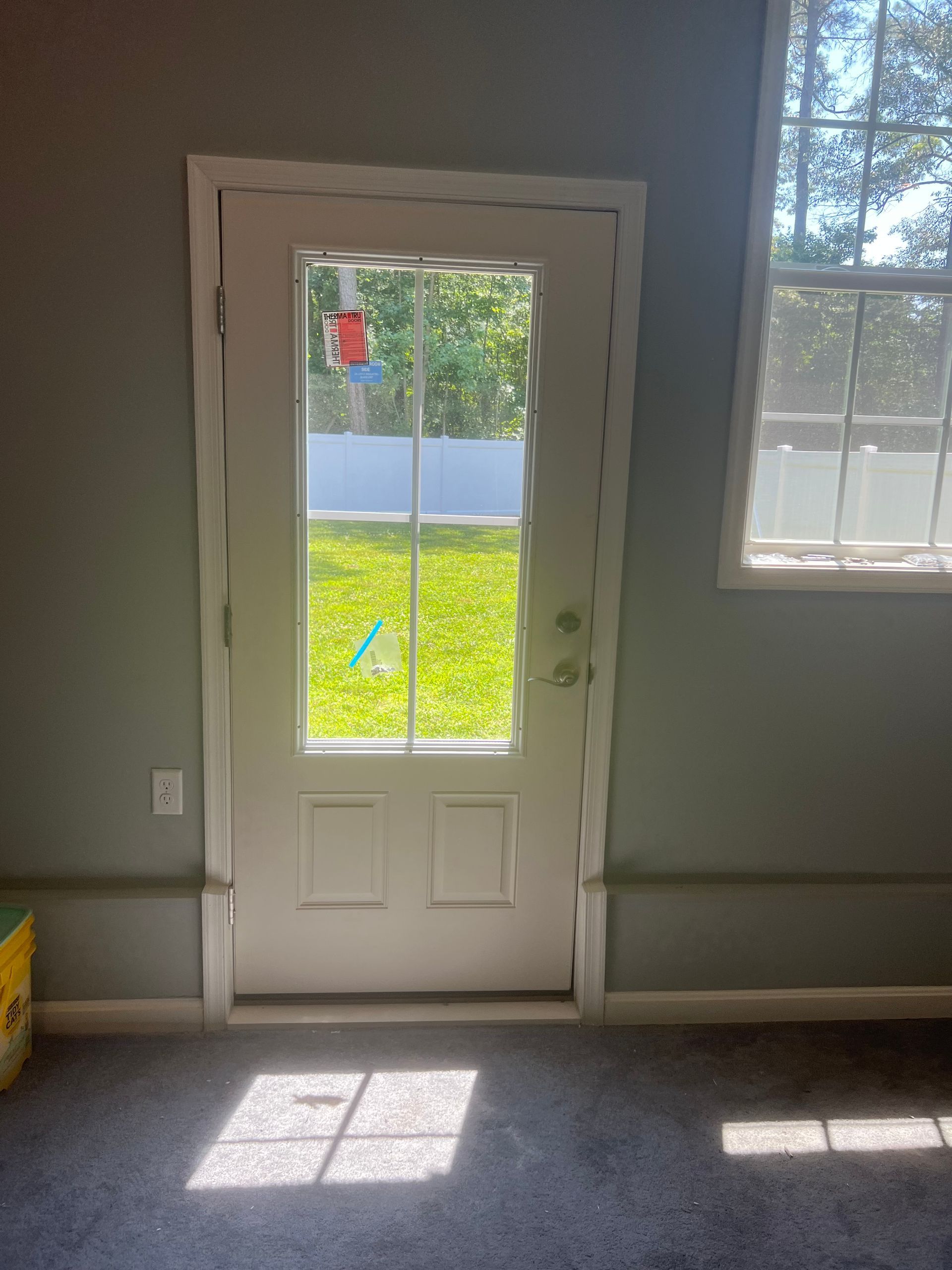 Empty room with a white glass-paneled door, window, and sunlight on carpeted floor