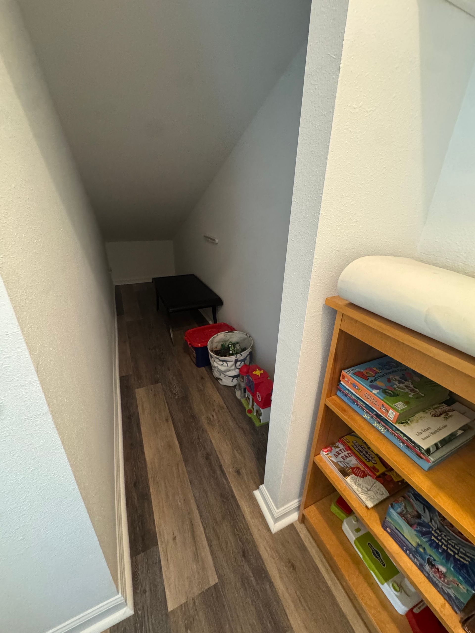 Narrow hallway with wood flooring, a small bookshelf on the right, and storage items at the far end.