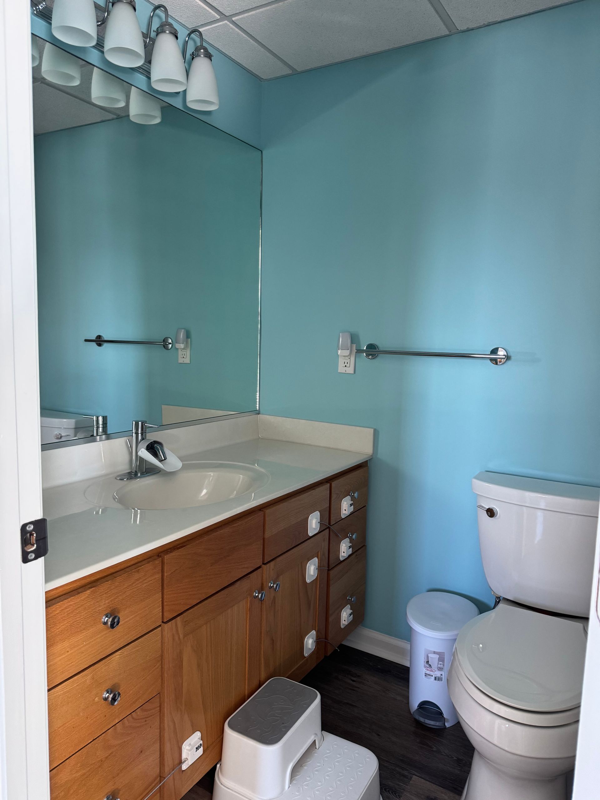 Bathroom with light blue walls, wood vanity, sink, toilet, and mirror.