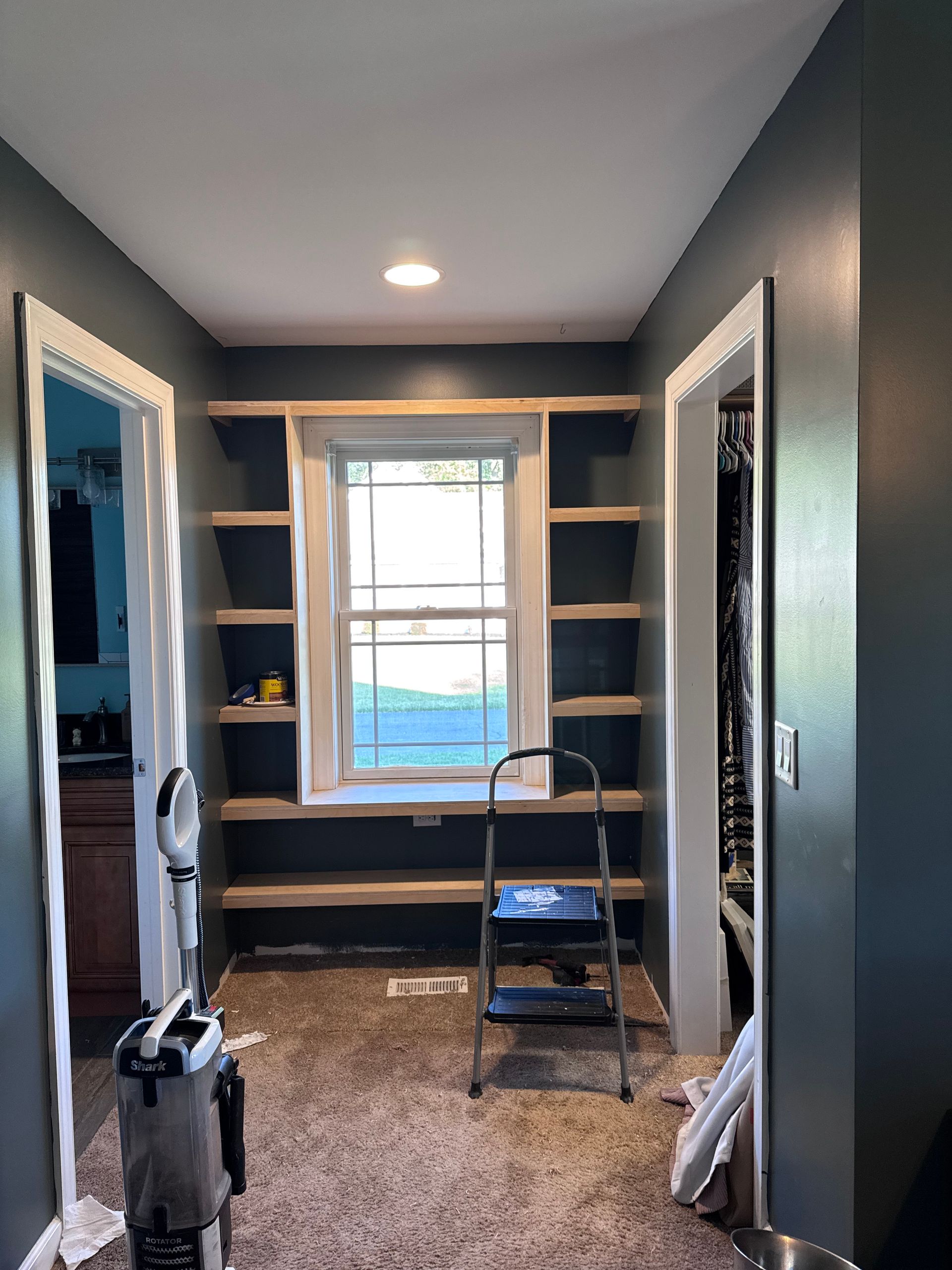 Narrow unfinished room with dark walls, open shelves, a window, and a vacuum on carpet.