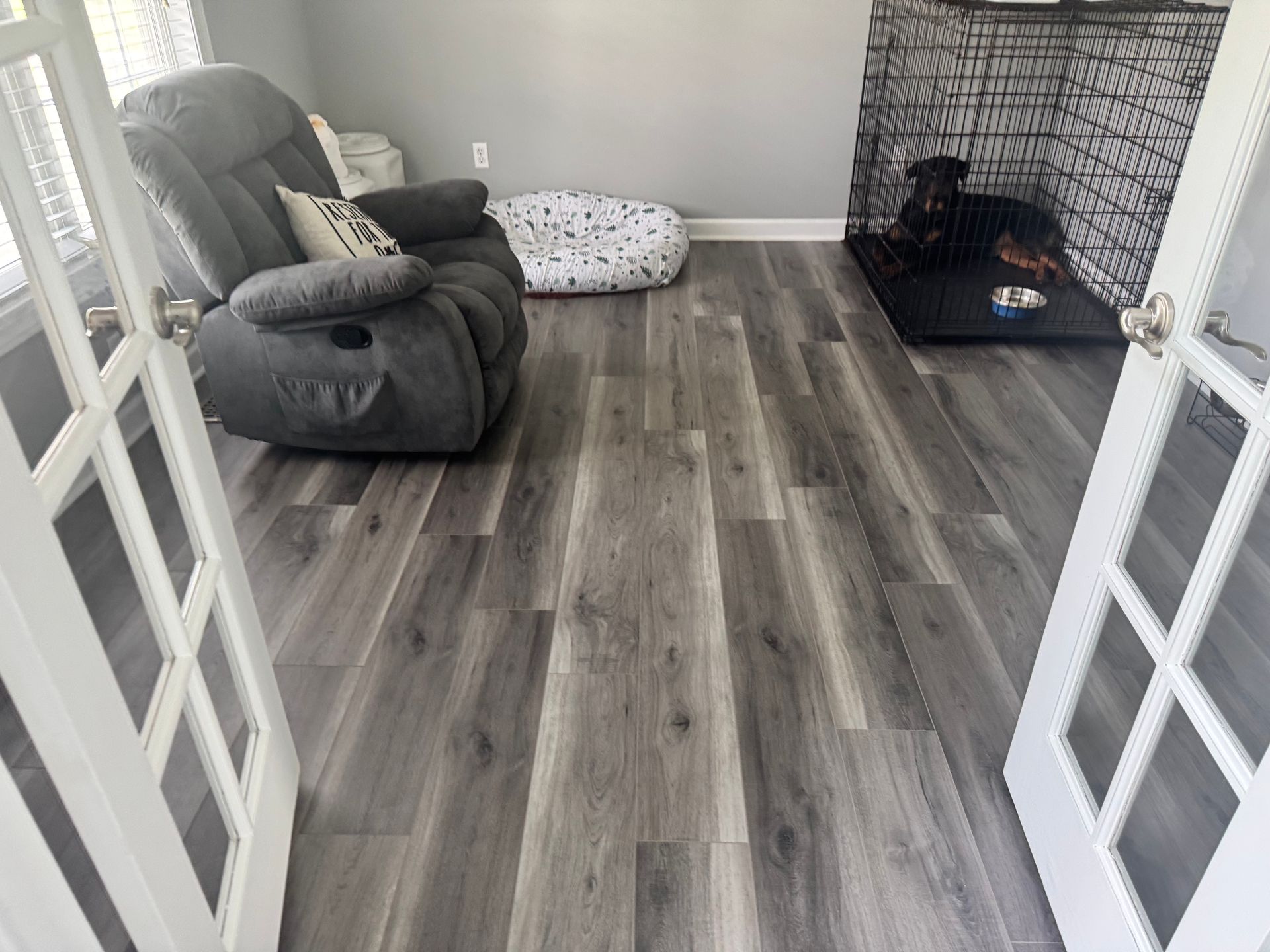 Small living room with gray recliner, patterned pet bed, and black fireplace on wood-look flooring.