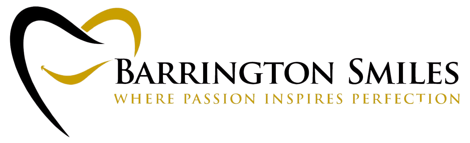 Logo for Barrington Smiles, with tooth-shaped design in black and gold, text reads 