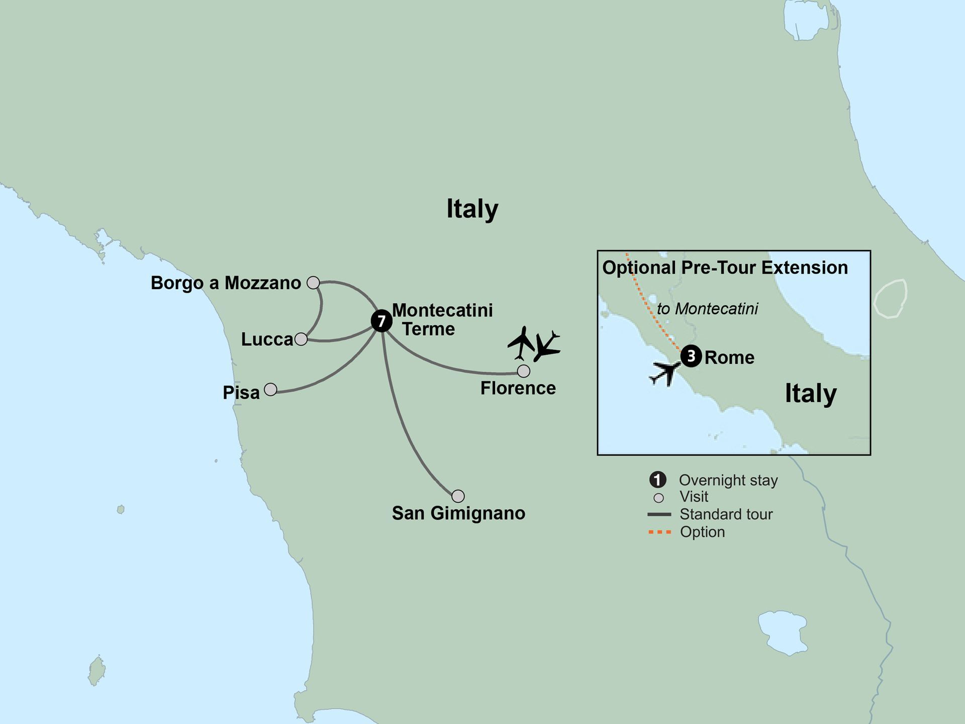 Map of Italy showing locations and routes around Florence and Rome, with an inset highlighting central Italy