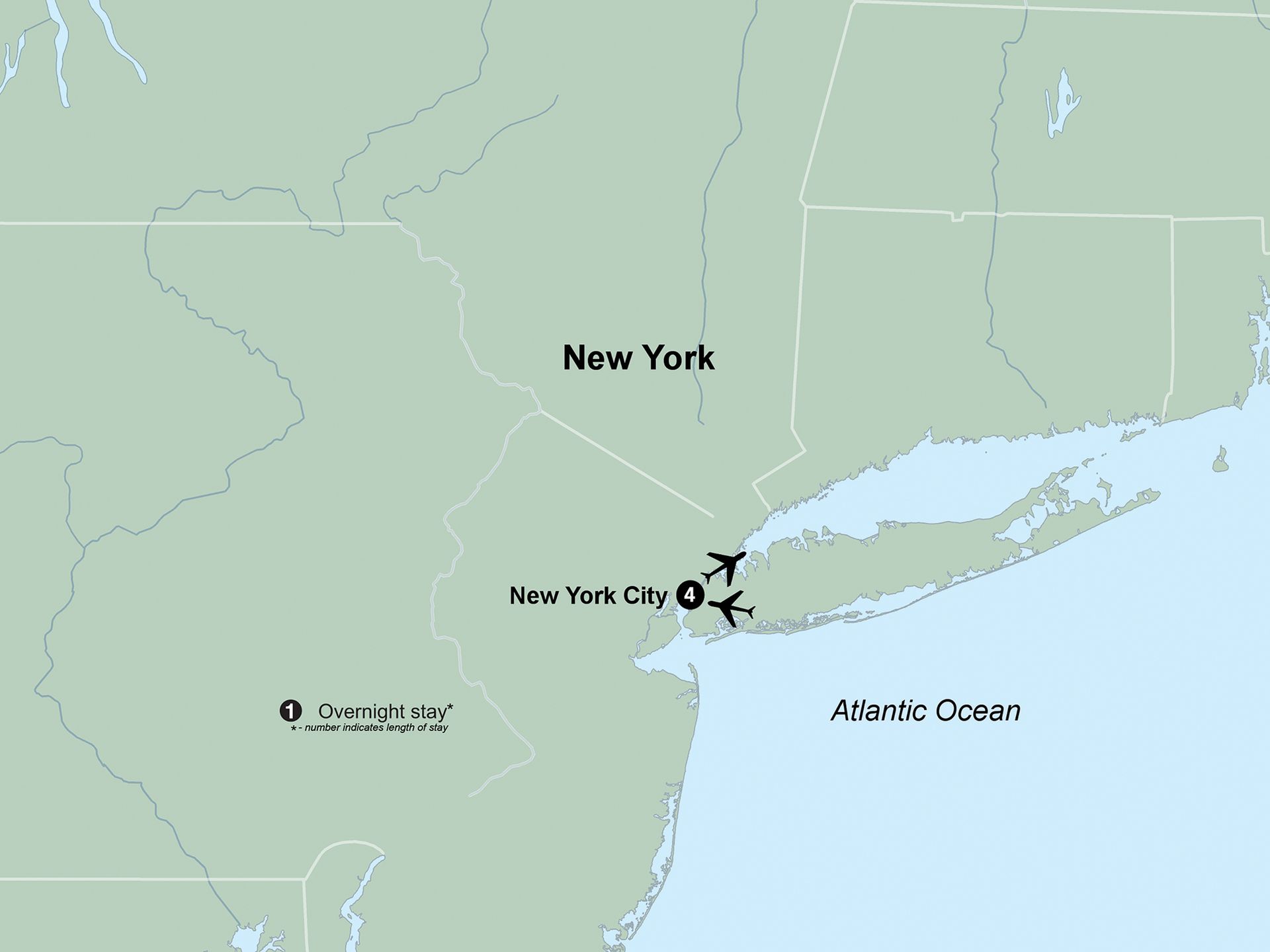 Map of New York with a plane near New York City and the Atlantic Ocean.