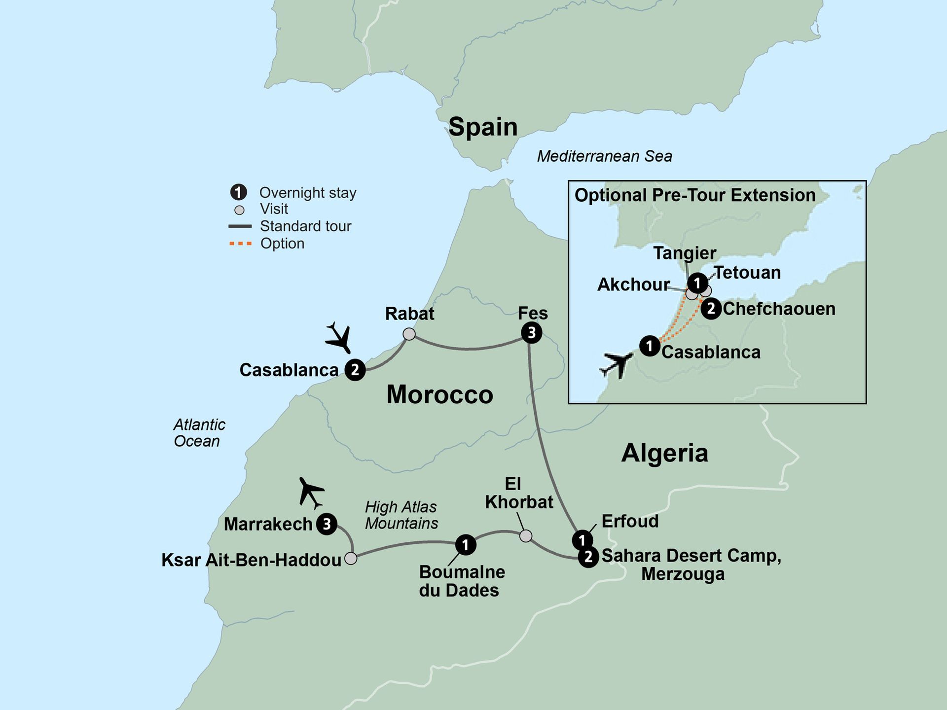 Map of Morocco and surrounding areas with labeled cities, roads, and a highlighted inset near Tangier/Gibraltar