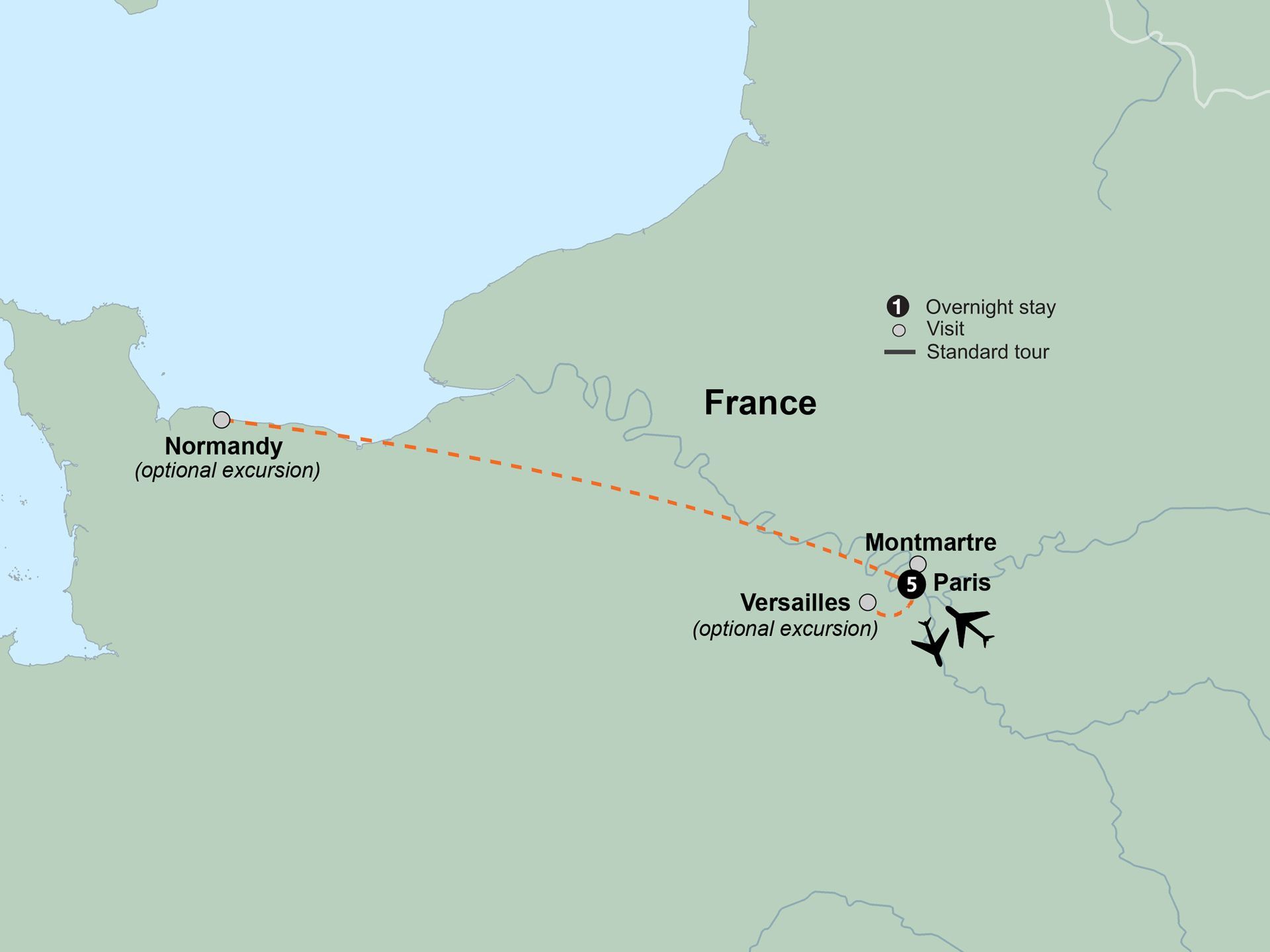 Map of France with a dotted route from Normandy to Marseille and a red marker near Marseille.