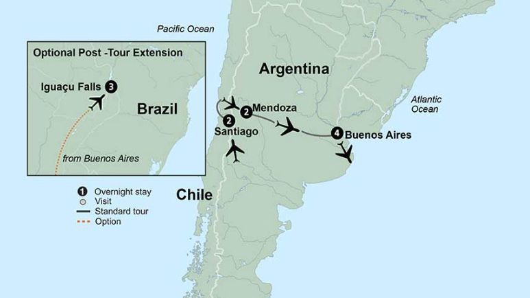 Map of South America with travel route, showing Argentina, Chile, and Brazil.