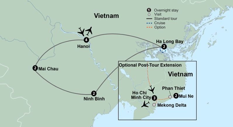 Map of Vietnam with a tour route marked, including Hanoi, Ha Long Bay, and an optional extension to Ho Chi Minh City.