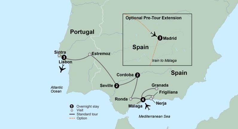 Map of Spain and Portugal, showing a tour route from Lisbon to Málaga, with an optional Madrid extension.
