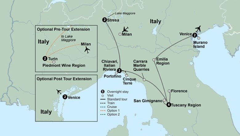 Map of Italy showing a travel route through various regions with optional extensions.