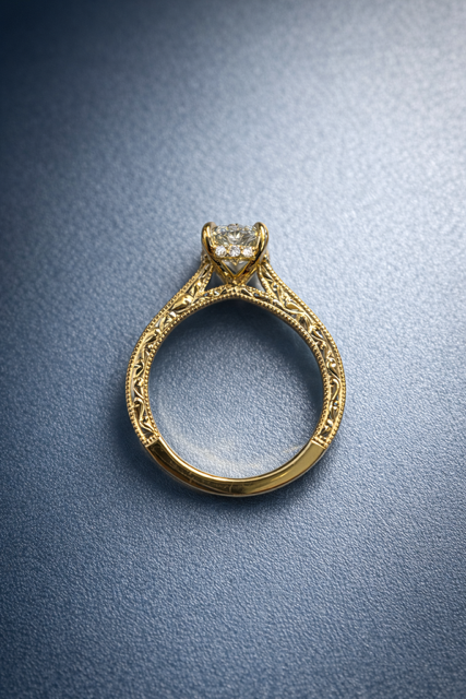 A gold engagement ring with an intricate engraved band and a single round-cut diamond setting, set against a blue surface.