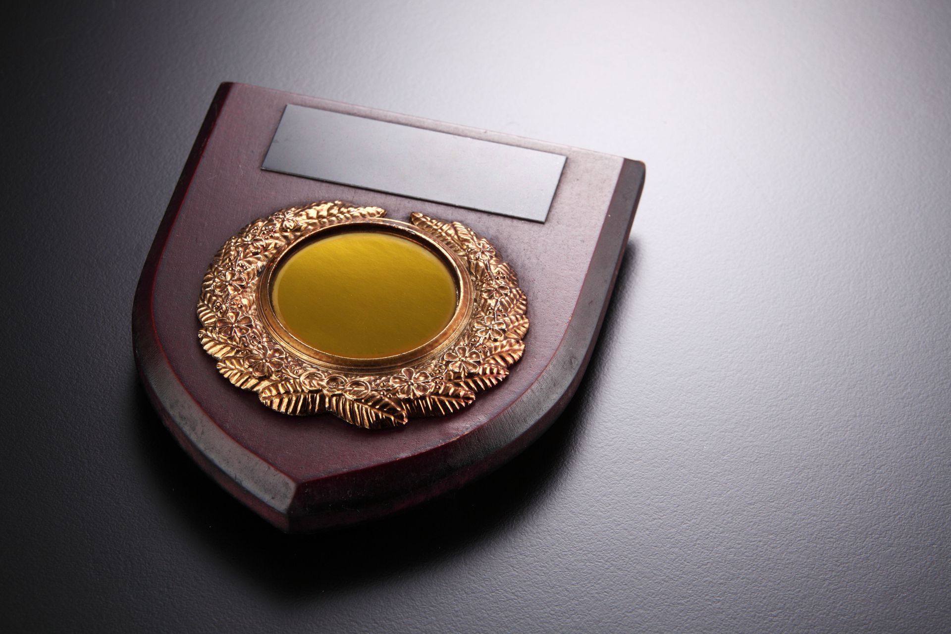 Wooden shield award with gold details and a blank silver plate.