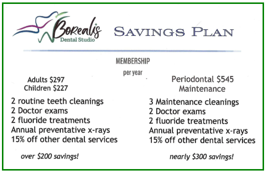 Bossier Savings Plan flyer listing membership fees and dental discounts for adults, children, and periodontal maintenance