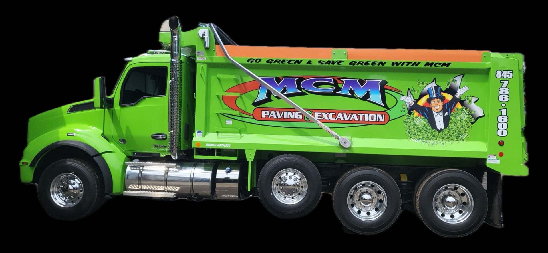 A green dump truck with the word mgm on the side
