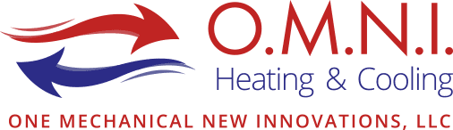 Logo for O.M.N.I. Heating & Cooling: red/blue arrows, red text "O.M.N.I.", blue text "Heating & Cooling", and text "ONE MECHANICAL NEW INNOVATIONS, LLC".