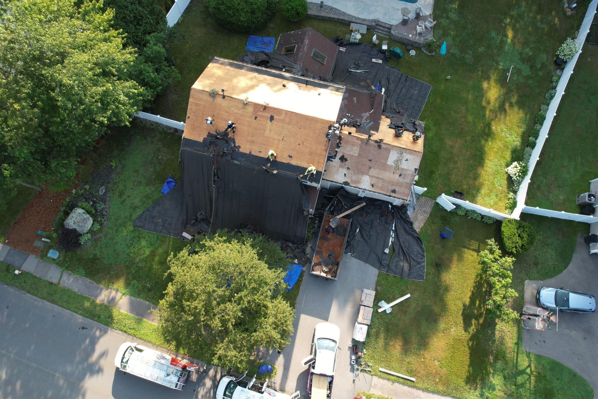 An aerial view of a house that is being remodeled.