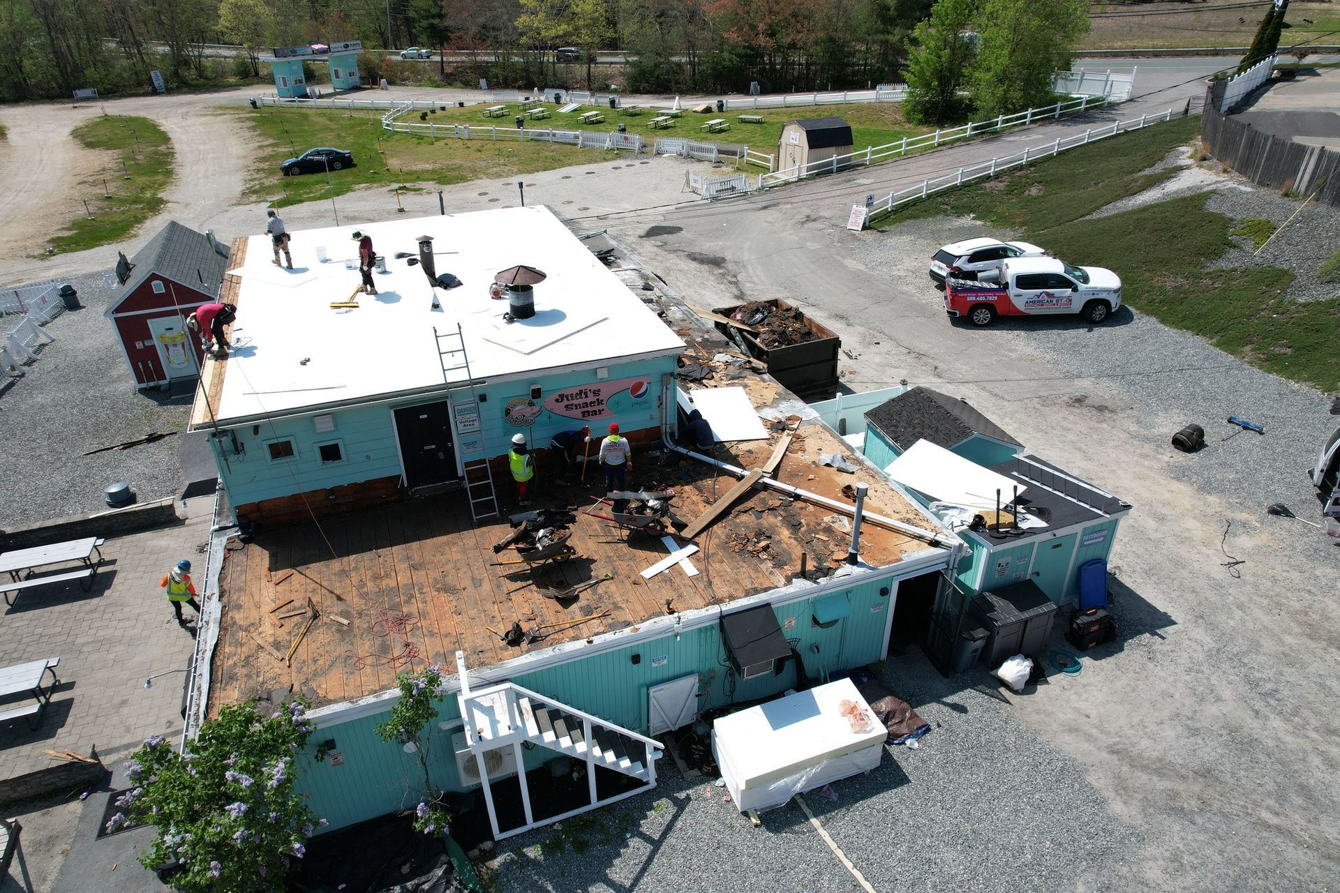 An aerial view of a building that is being remodeled
