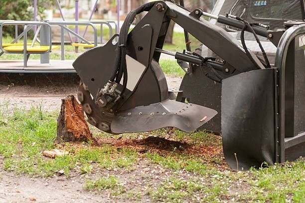 A stump grinder mounted to a piece of machinery removes a tree stump in a park near a playground.