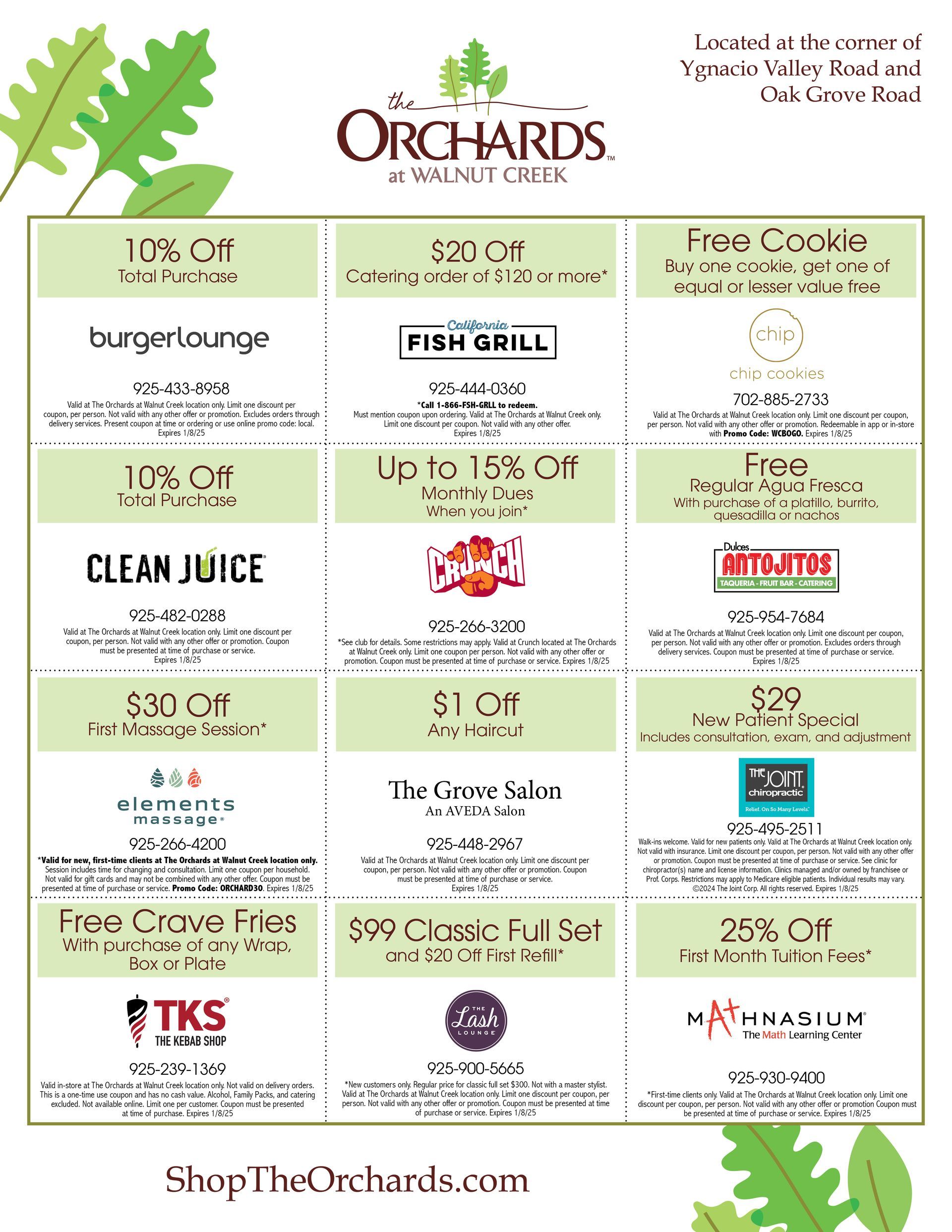 a flyer for the orchards and walnut creek offers a variety of coupons .