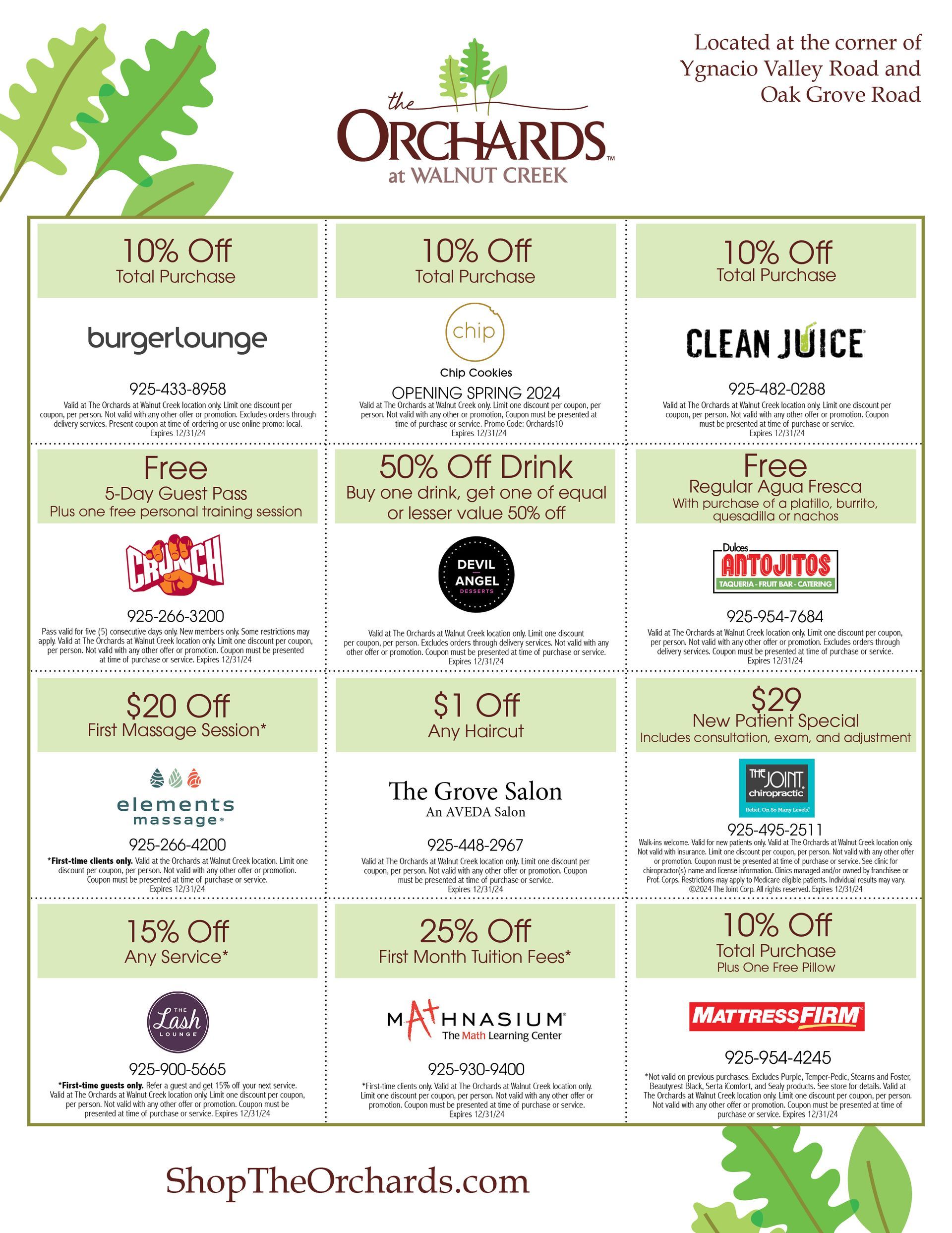 a flyer for the orchards and walnut creek offers a variety of coupons .