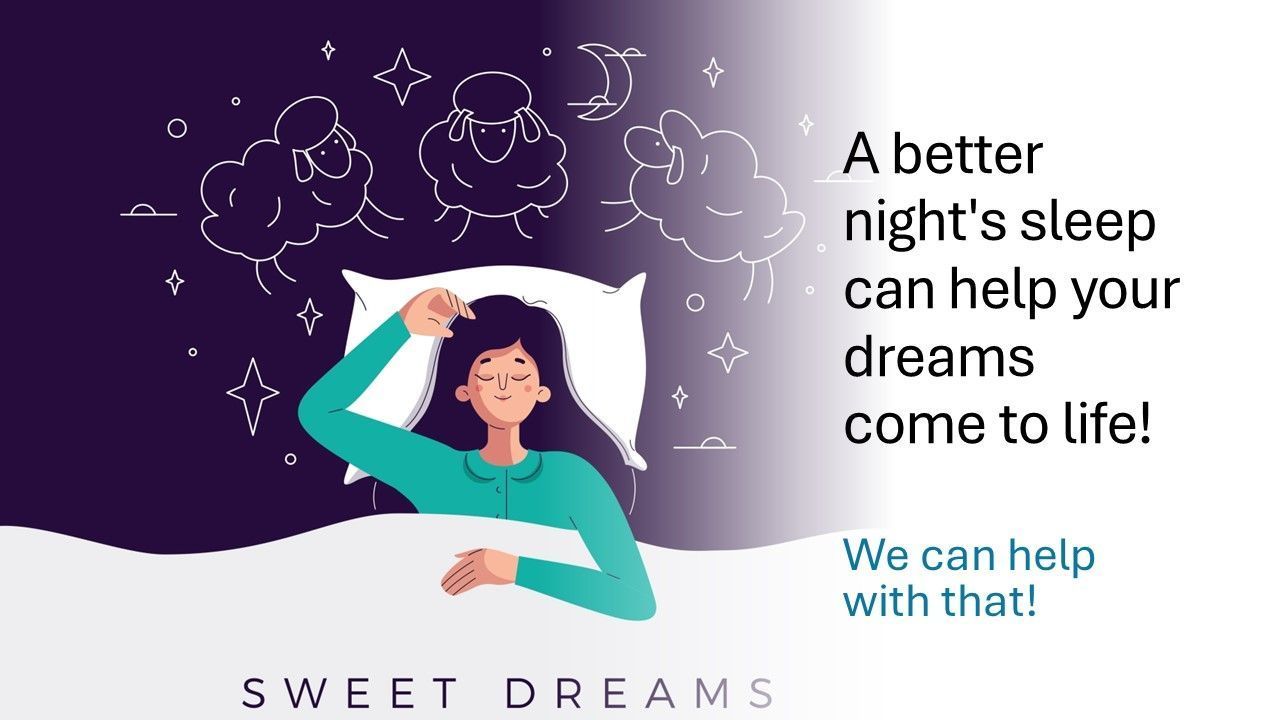 Woman in bed, sheep and stars over head, text 