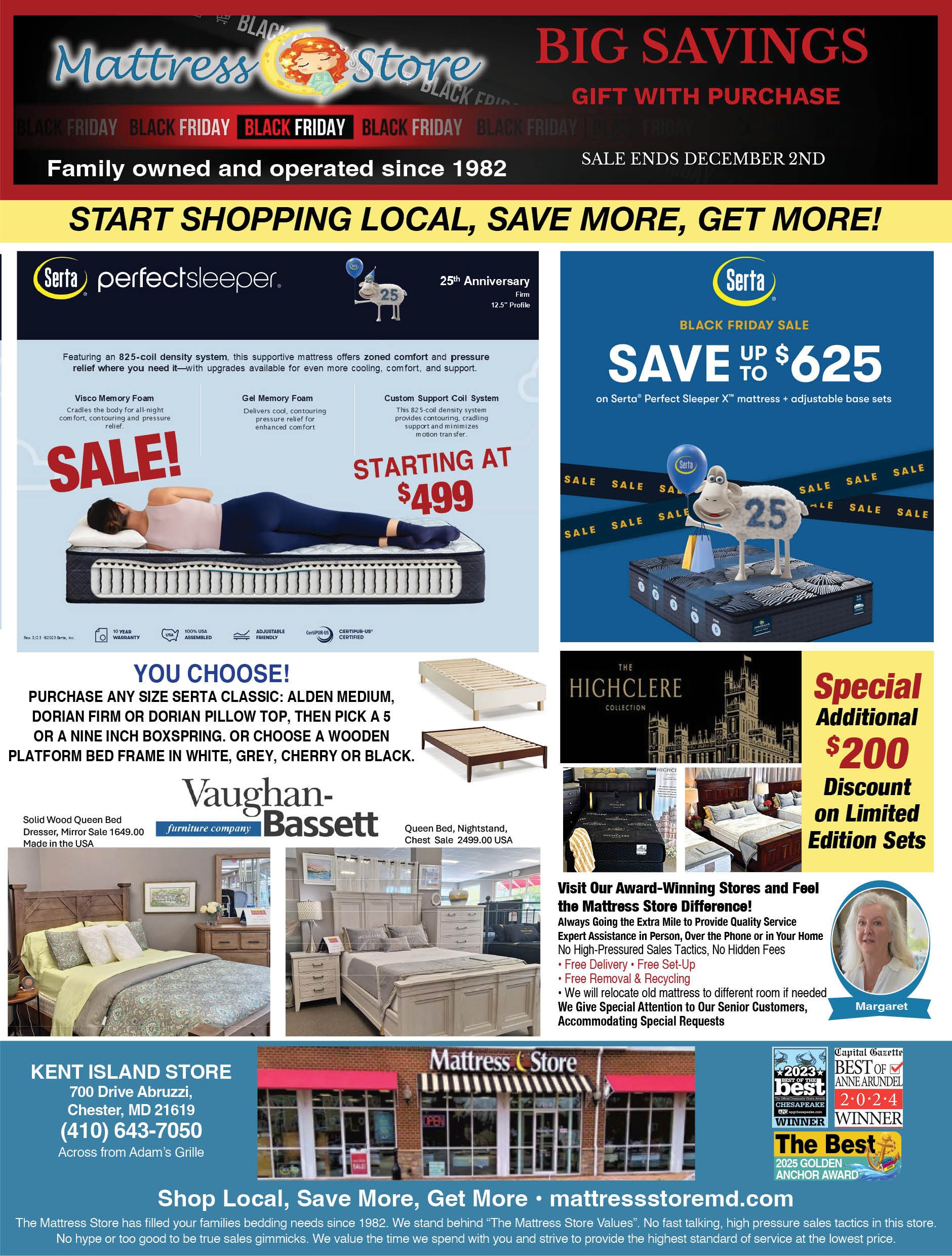 Advertisement with mattress sale, furniture, and gift card promotions.