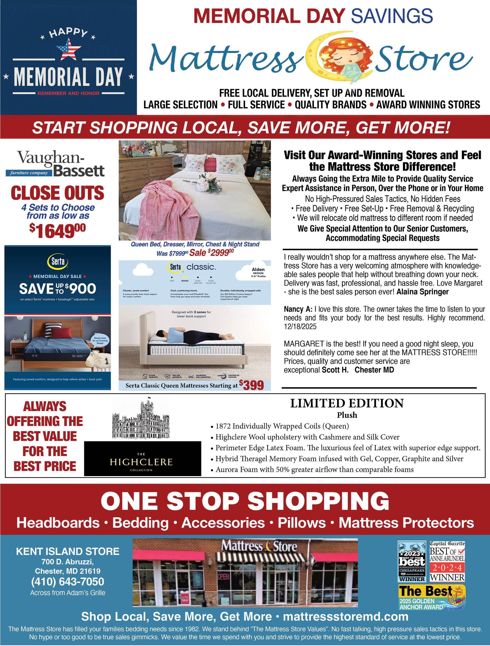 Advertisement for a mattress store, featuring Presidents' Day sale, store location, and discounts.