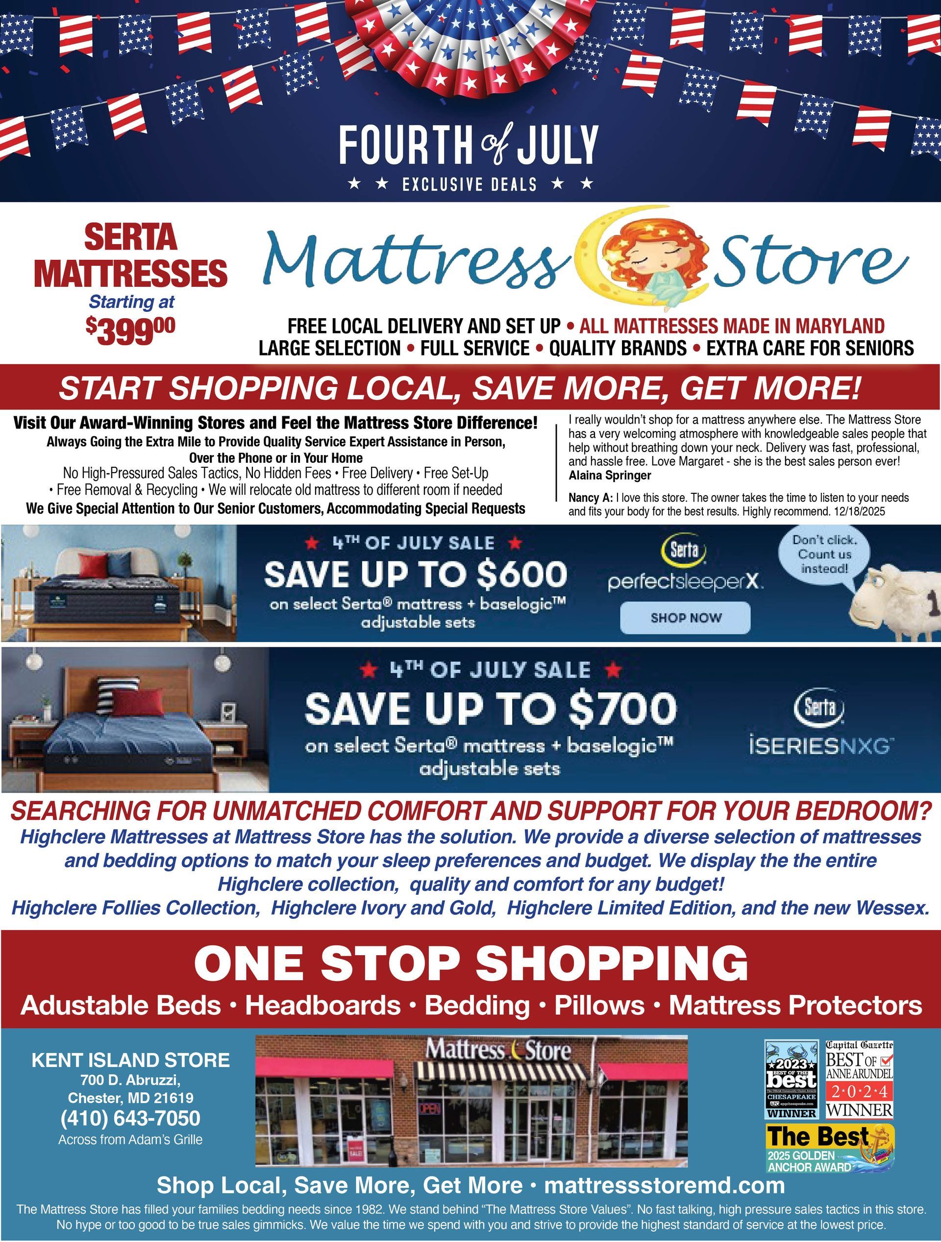Advertisement for a mattress store, featuring Presidents' Day sale, store location, and discounts.