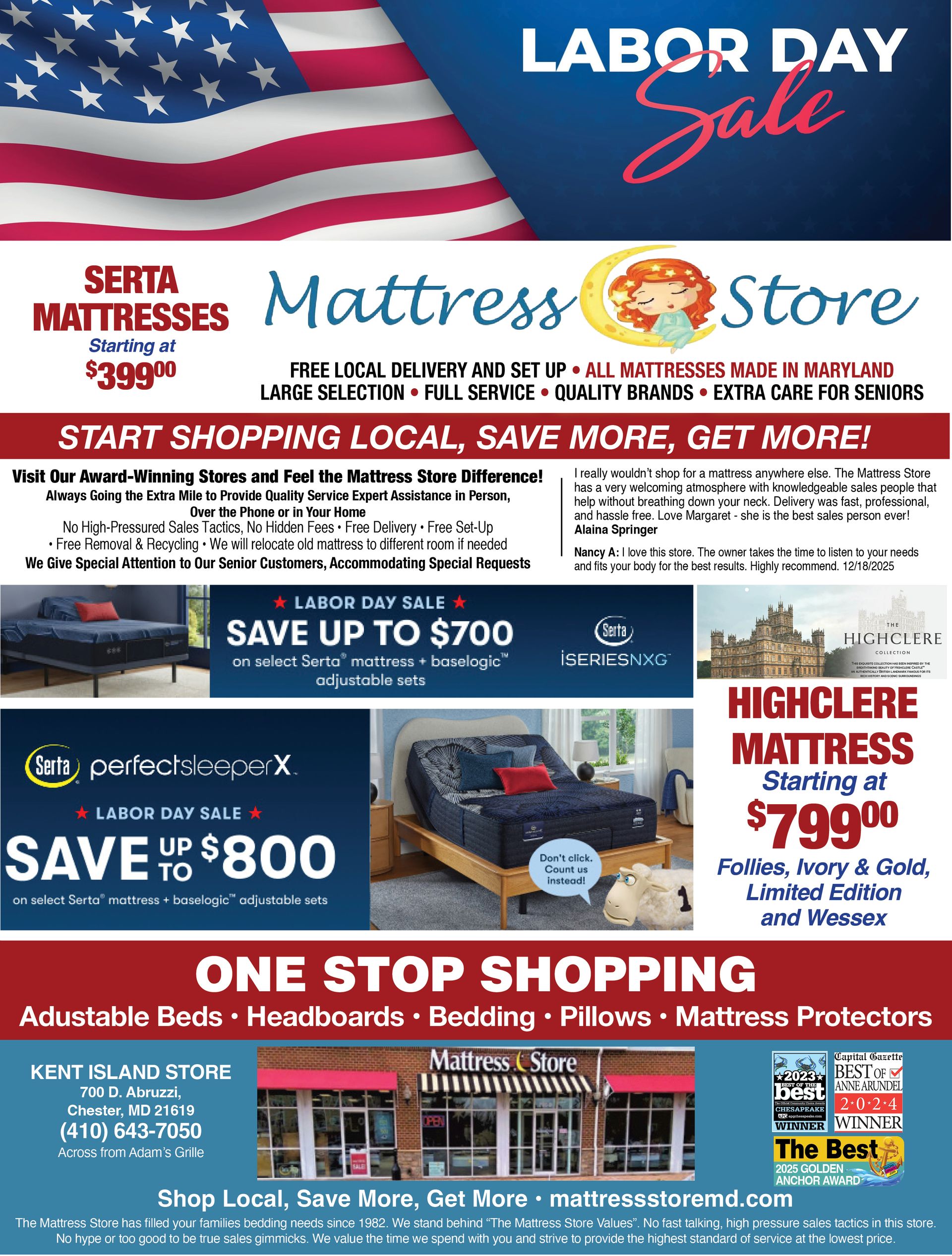 Advertisement for a mattress store, featuring Presidents' Day sale, store location, and discounts.