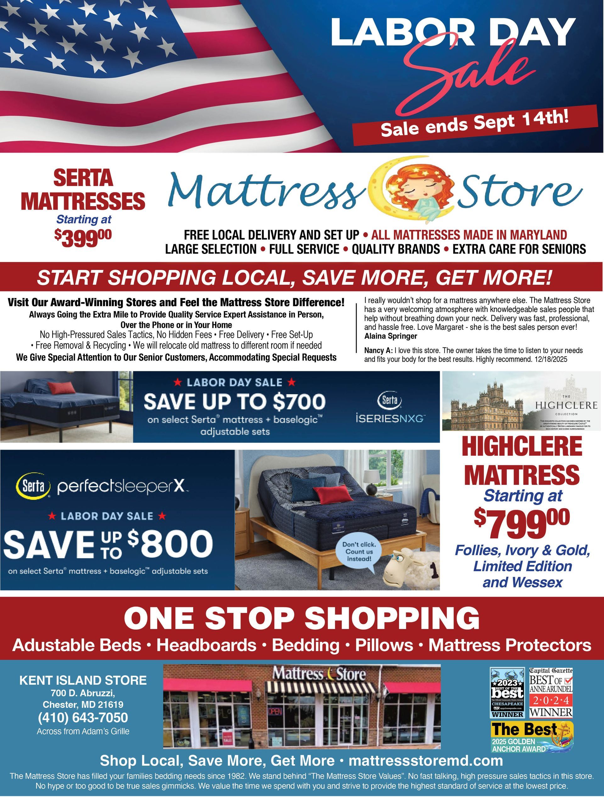 Advertisement for a mattress store, featuring Presidents' Day sale, store location, and discounts.