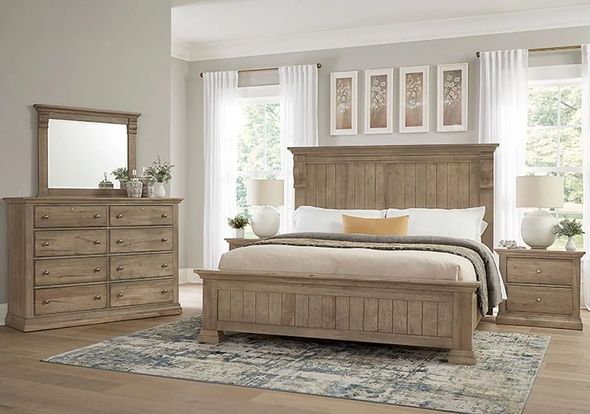 Bedroom furniture set with a bed, dresser, mirror, and nightstand in a light wood finish.