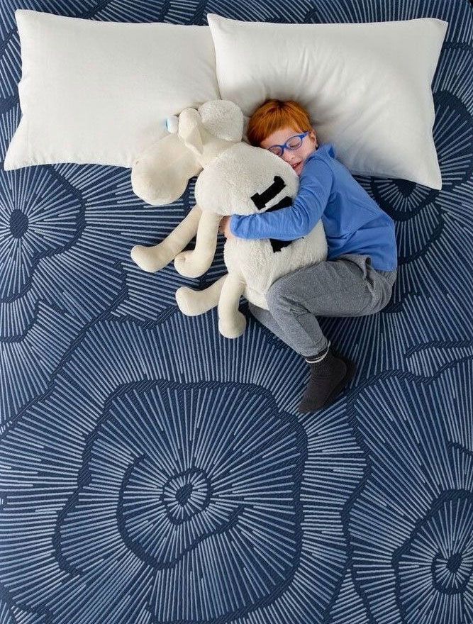 Boy in blue shirt and glasses hugging stuffed animal, lying on patterned blue sheets.