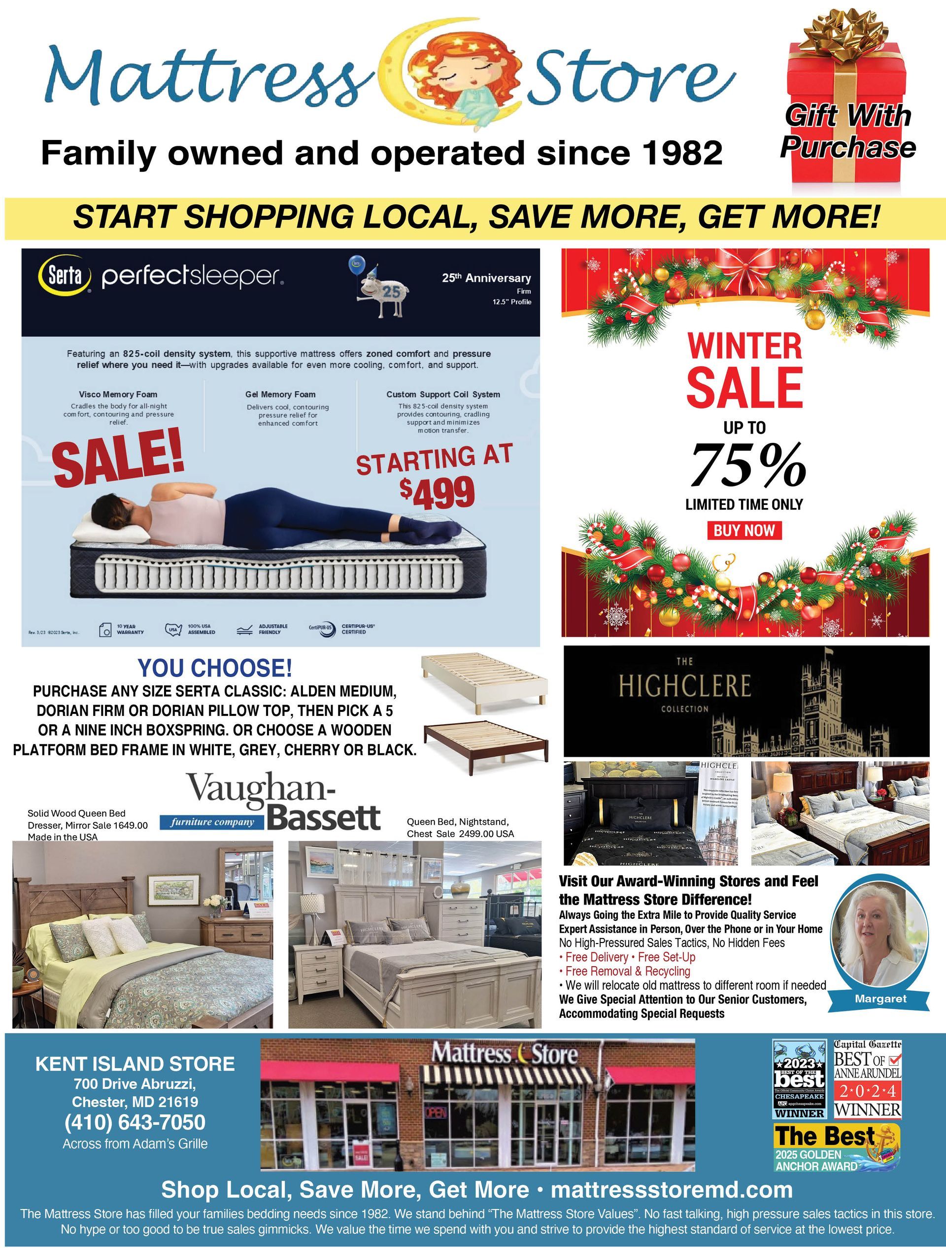 Advertisement for a mattress store. Features winter sale, mattresses, furniture, and store information.