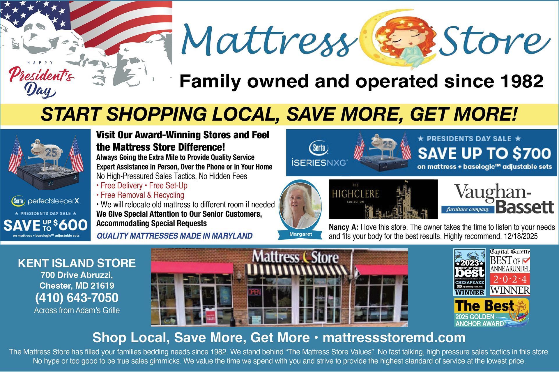 Advertisement for a mattress store, featuring Presidents' Day sale, store location, and discounts.