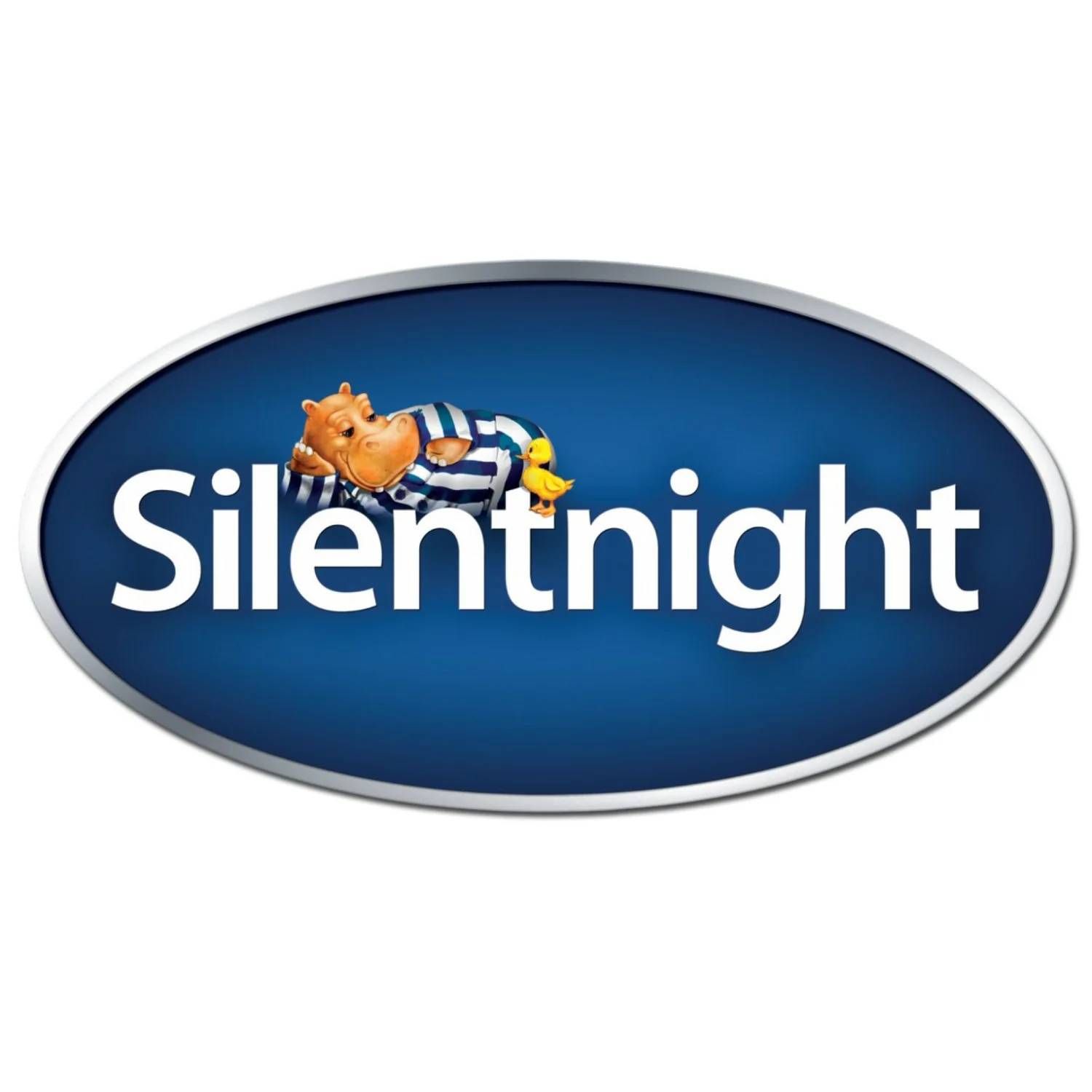 Silentnight logo with a sleeping hippo in pajamas on a blue oval background.