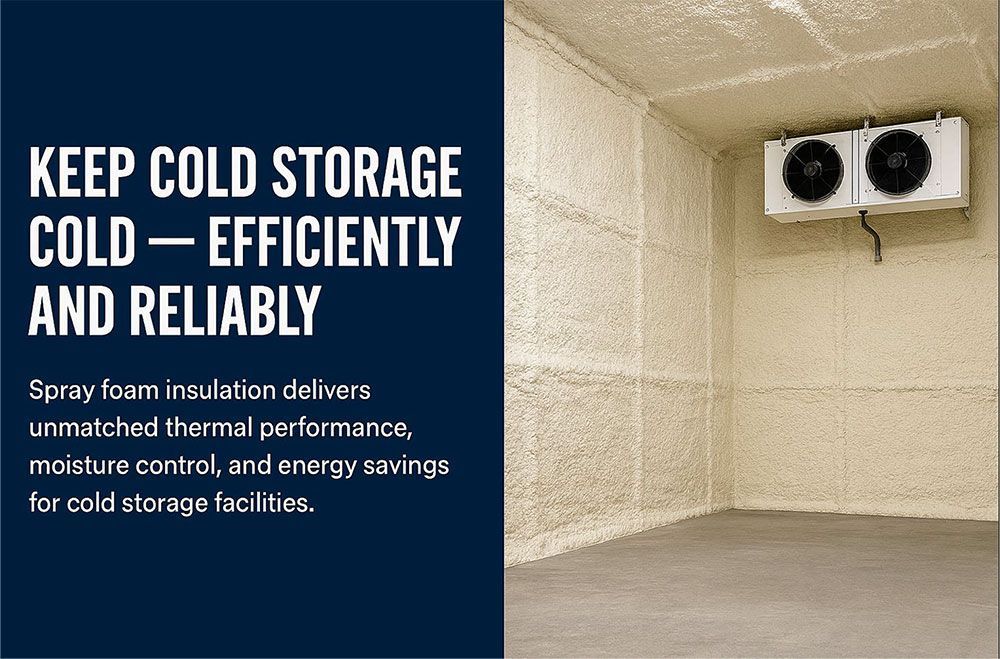 Cold storage room insulated with spray foam; text: