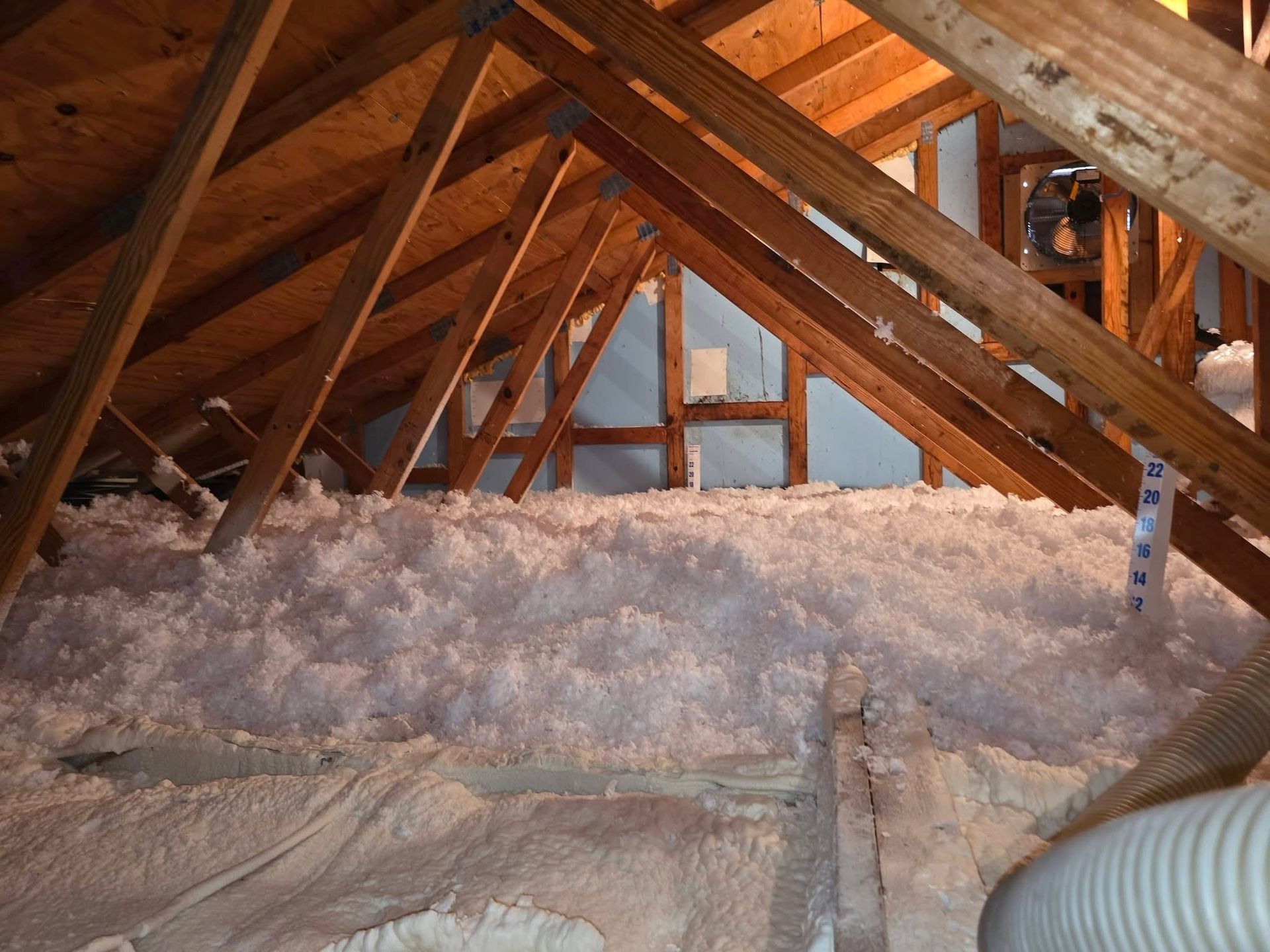 Attic interior with wooden rafters and thick insulation filling the space.