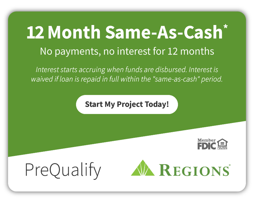 Green Regions mortgage ad 12 Month Same As Cash with Start My Project Today! and PreQualify logos.
