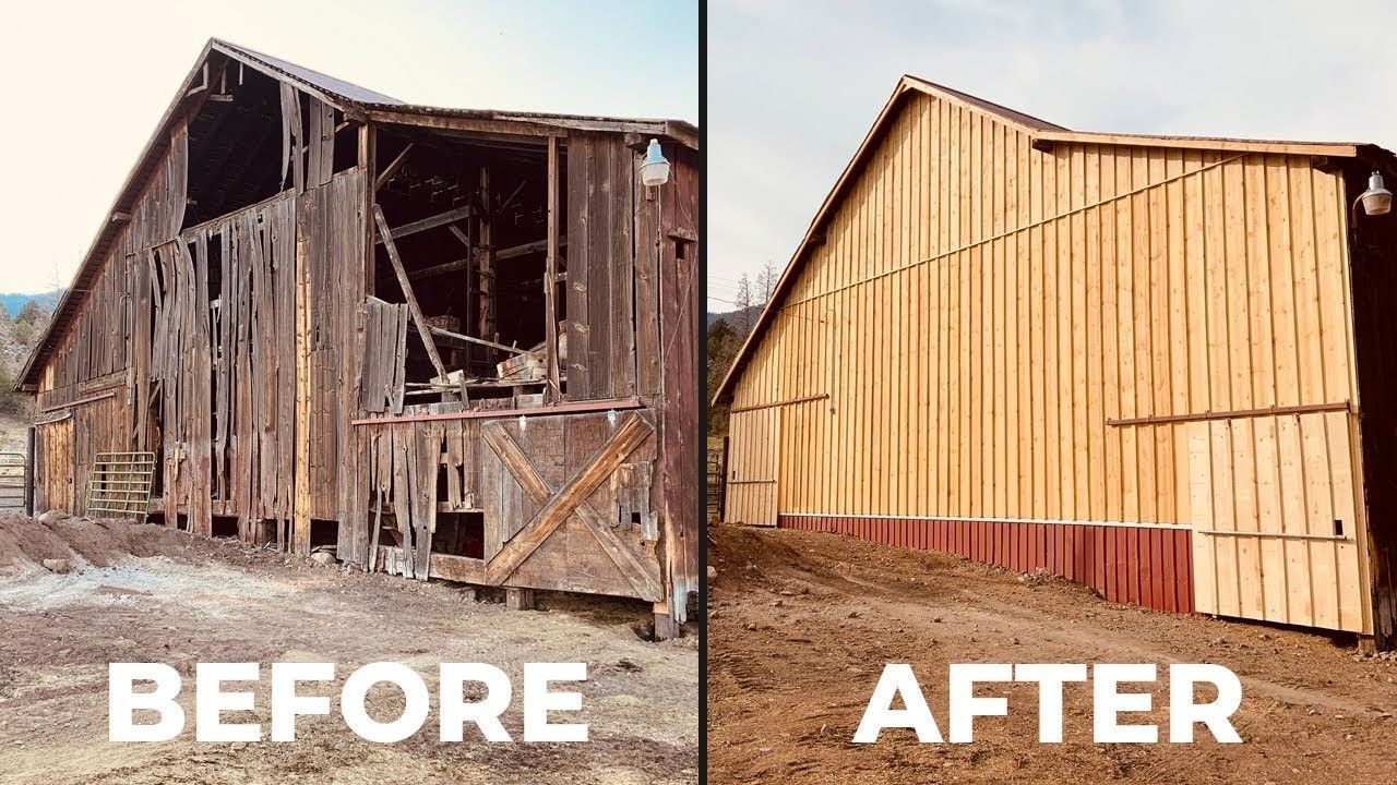 Split view of a barn before and after restoration, showing a damaged wooden structure and a repaired one.
