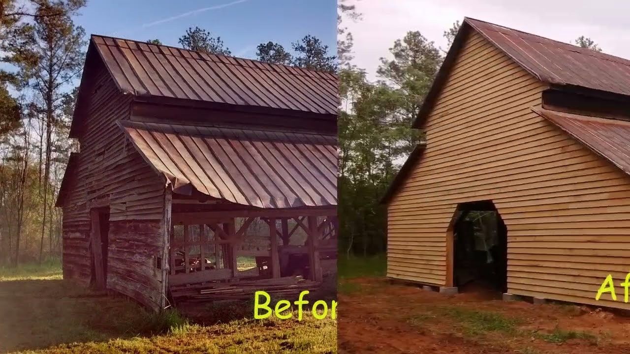 Before-and-after of a rustic wooden barn, showing a weathered dark exterior and a restored tan exterior.