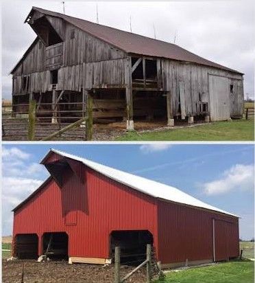 Weathered barn before-and-after restoration: gray, damaged wood above; bright red repaired barn below.
