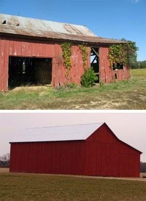 Two red barns in a field: an old weathered barn above and a newer metal-roof barn below.