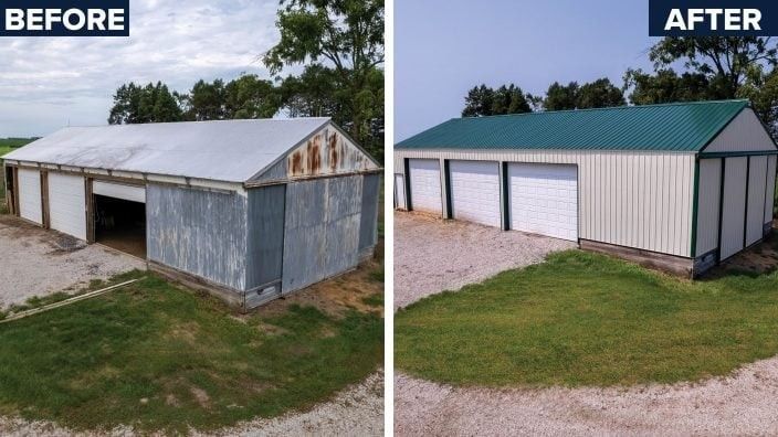 Before-and-after of a refurbished white barn with a green roof and new garage doors in a grassy rural yard.