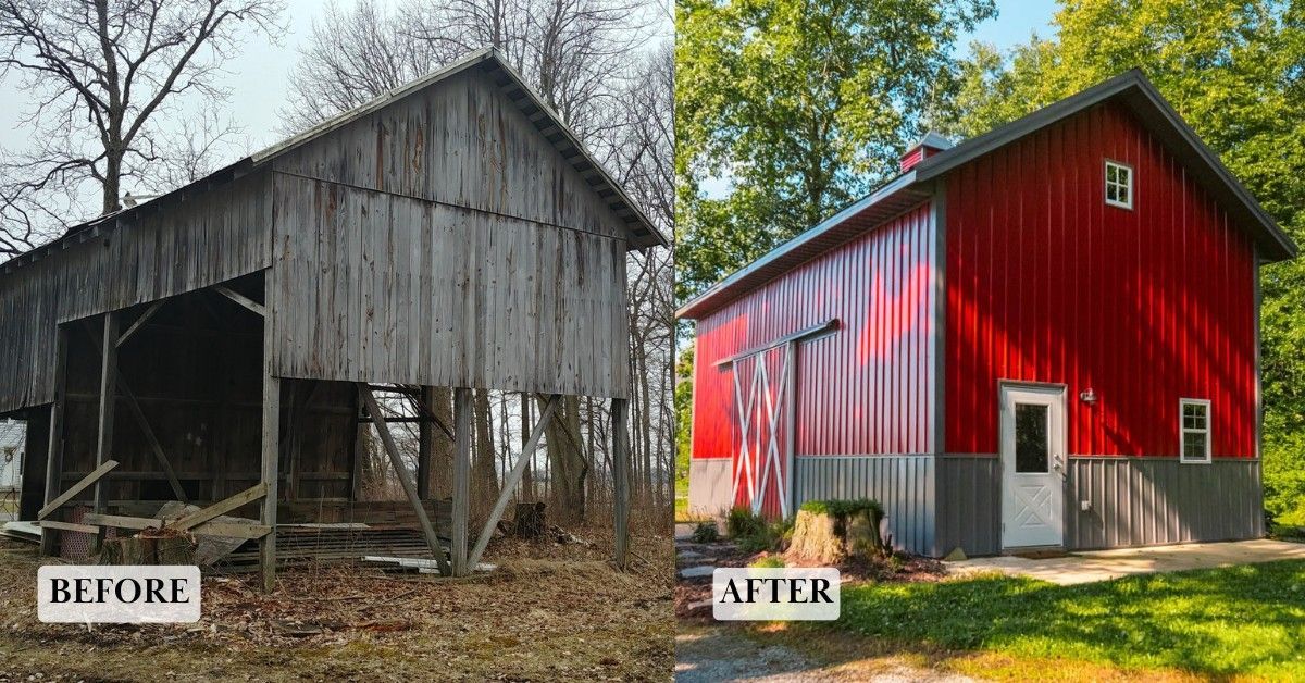 Before-and-after of a barn: weathered gray wood beside a freshly painted red exterior.