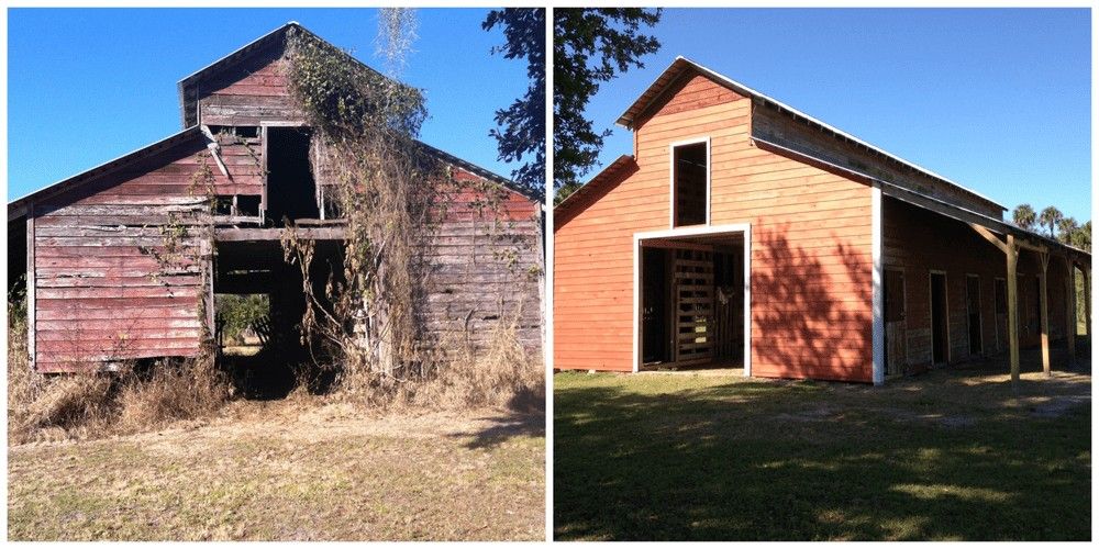 Before-and-after of a weathered barn restored into a red-orange building with a porch and windows.